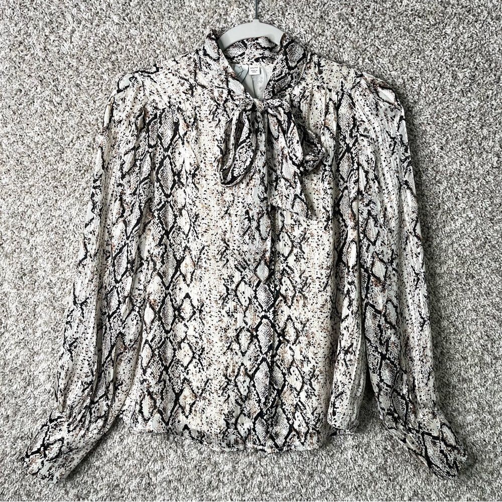 Joie Top Women’s XS Snake Print Long Balloon Sleeve Button Down with Tie Bow